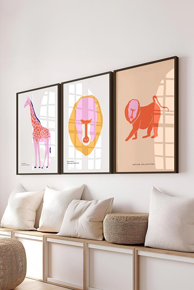Çerçeveli Tablo Seti, 3 Adet Siyah Çerçeve ve Minimalist Vahşi Yaşam Temalı Poster Seti, No:300488 - 1