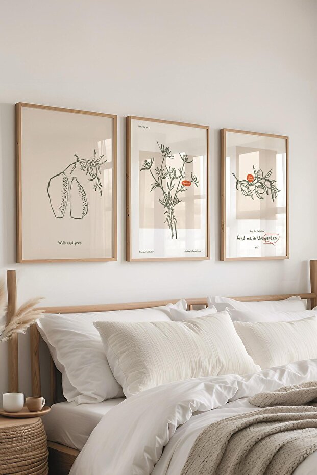 Çerçeveli Tablo Seti, 3 Adet Ahşap Çerçeve ve Minimalist Botanik Temalı Poster Seti, No:300470 - 1