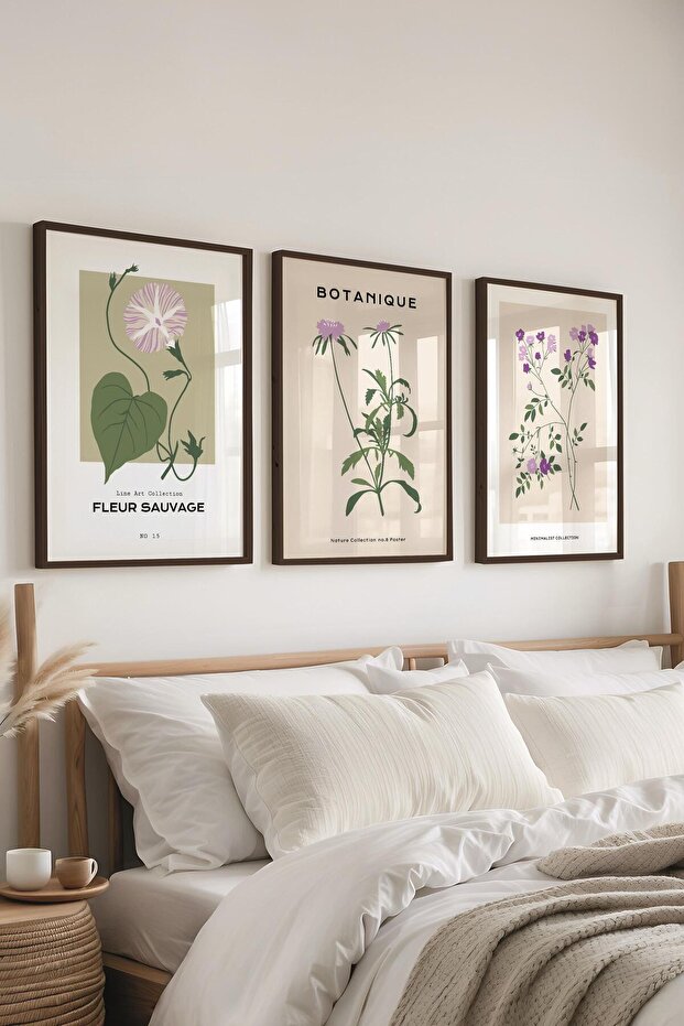 Çerçeveli Tablo Seti, 3 Adet Siyah Çerçeve ve Minimalist Çiçekler Temalı Poster Seti, No:300486 - 5