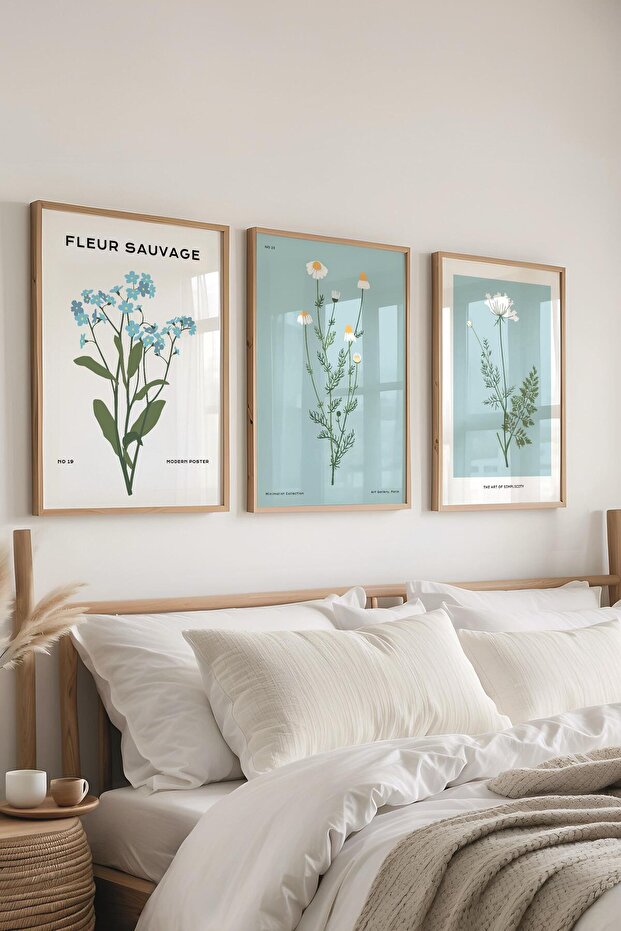 Çerçeveli Tablo Seti, 3 Adet Ahşap Çerçeve ve Minimalist Çiçekler Temalı Poster Seti, No:300482 - 1