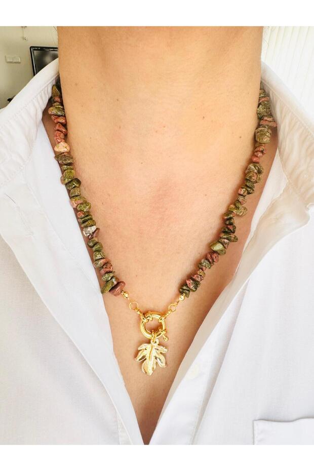 Unakit Natural Stone Necklace with Leaf Pendant