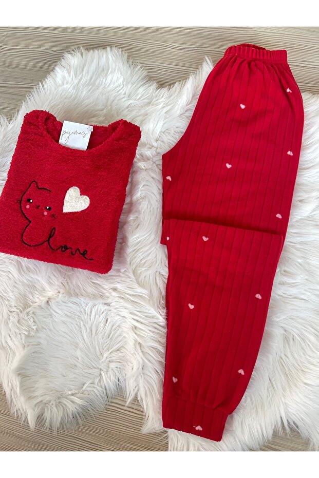 Kırmızı Kedi ve Kalp Desenli  Polar Pijama Takımı - 5