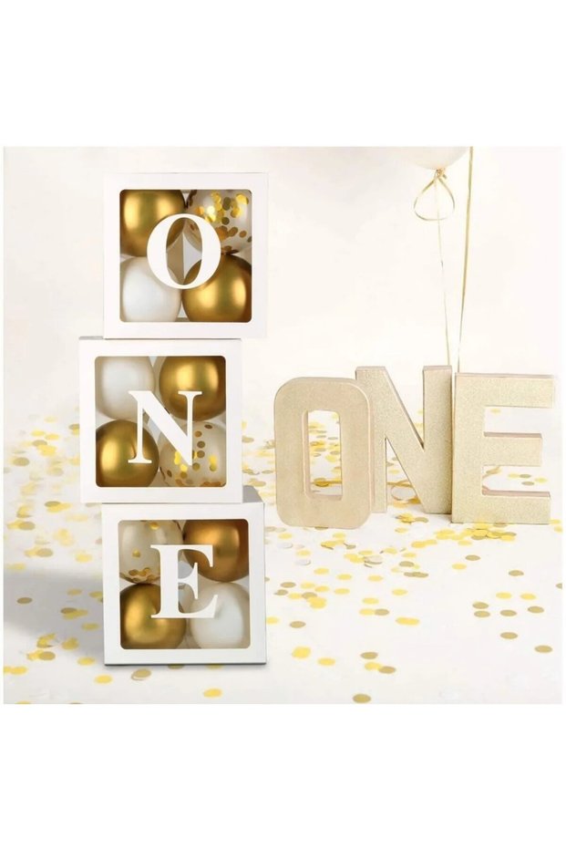 -Butik One Transparent Box with Writing, Birthday Box, 25X25, Set with Balloons