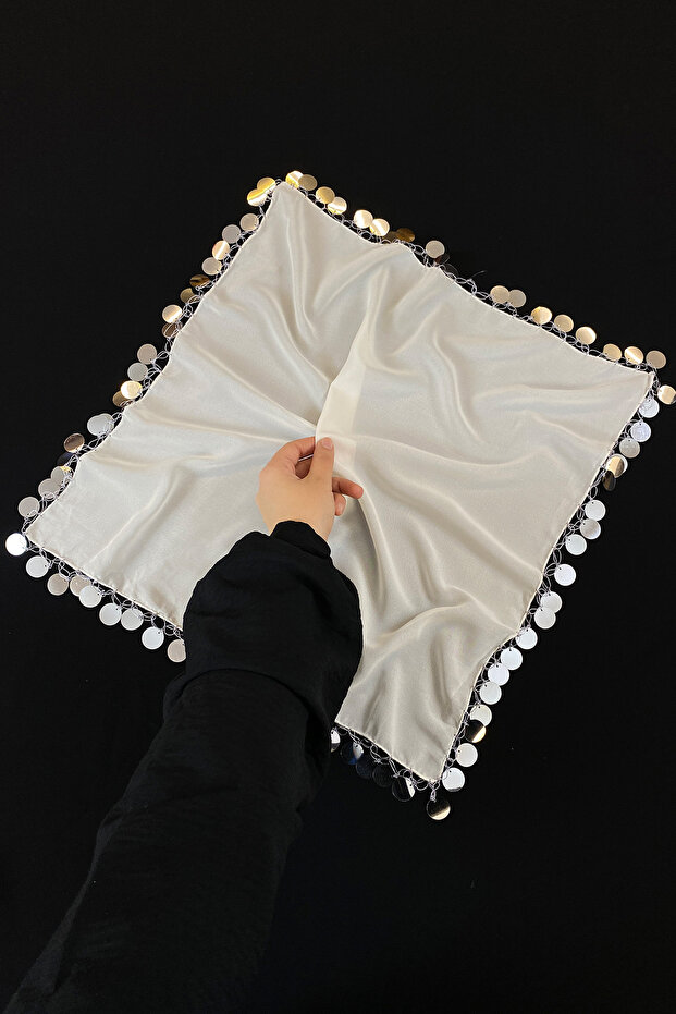 Large Size Chiffon Halay Handkerchief, 50X50Cm Cream Silver 1 Piece, Bride Groom Wedding Henna Circumcision Promise Bride