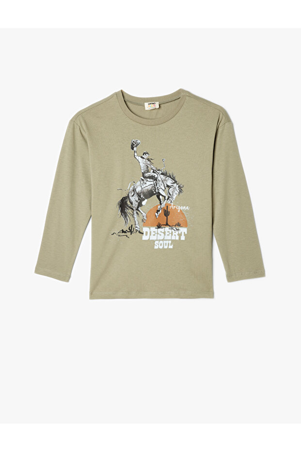 Oversize T-Shirt Cowboy Printed Long Sleeve Crew Neck Cotton