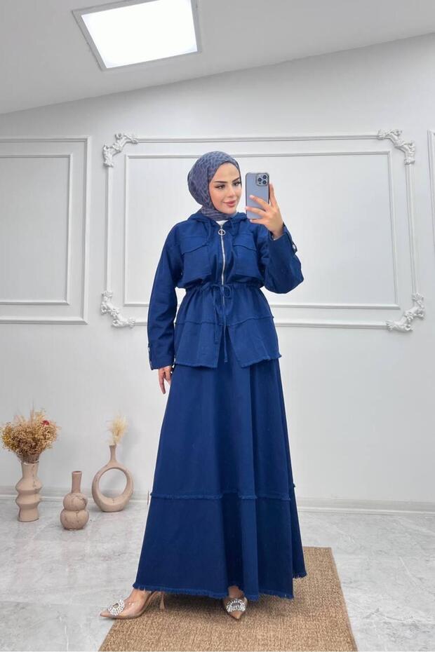 Camelya Premium Raw Linen Fabric Skirt Jacket 2-Piece Hijab Suit Navy Blue