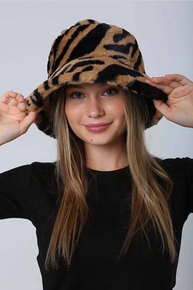 Kadın Peluş Bucket Şapka RKŞ-01 Kahve Zebra - 3