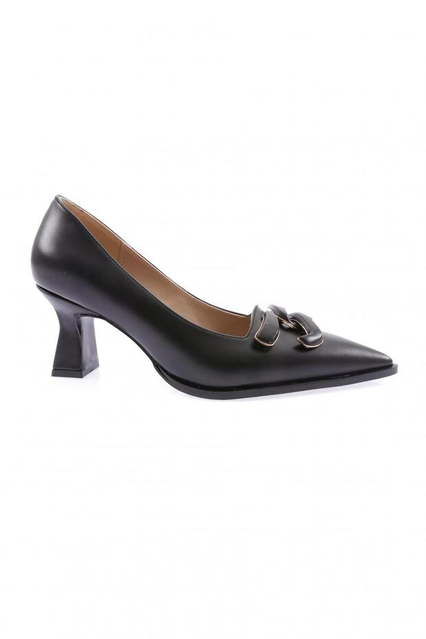 Women's Pointed Toe Chain Buckle Short Heeled Shoes Black Opening 332621085