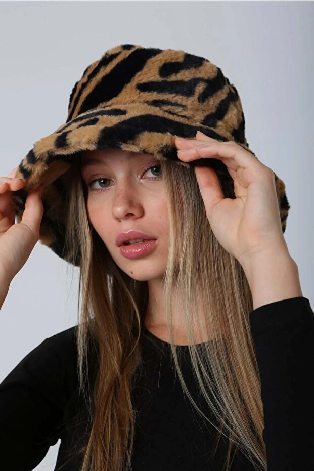 Kadın Peluş Bucket Şapka RKŞ-01 Kahve Zebra - 2