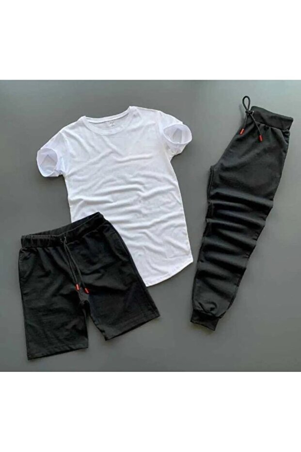 3-Piece White T-Shirt Black Shorts Black Tracksuit Unprinted Trend Set