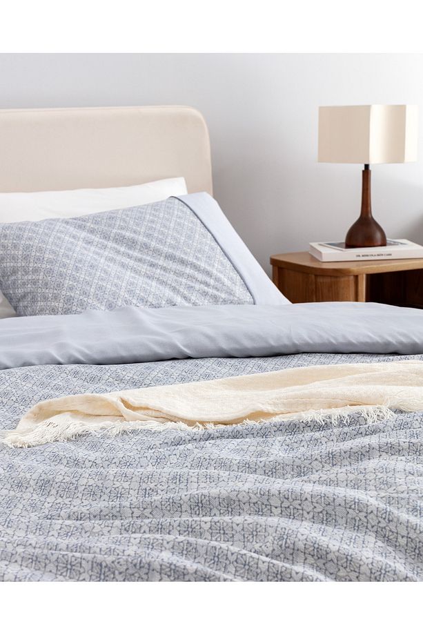 Clarice King Size %100 Pamuk Madame Coco Crep Baskılı Nevresim Takımı - Mavi/Gri - 4