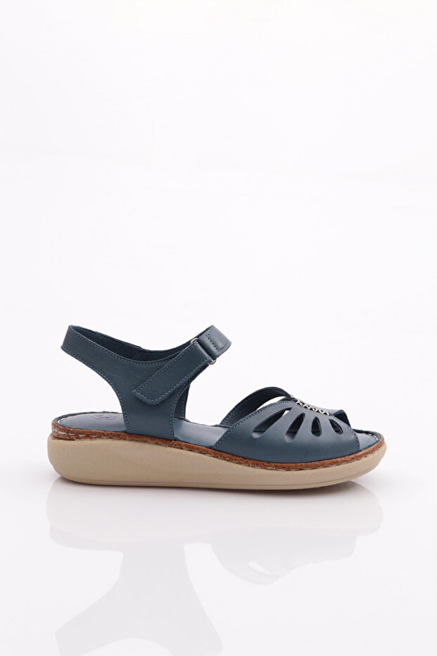 Genuine Leather Women's Sandals - Velcro, Ankle Strap, Blue Denim 3213243