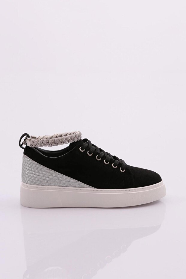 Black Suede Women's Sneakers - Thick Sole, Anklet Detail, Silver Stone 15299623118