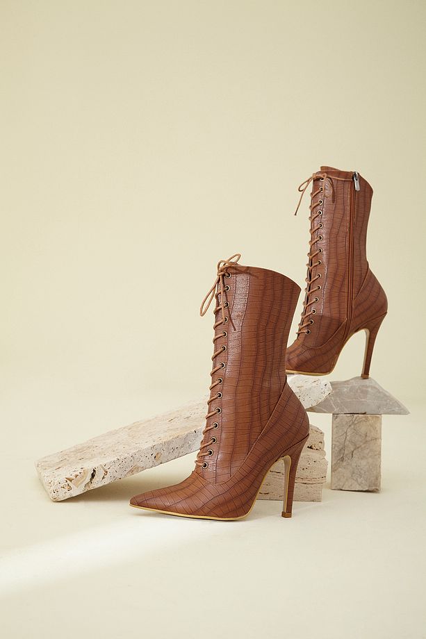 Nemesis Bağcıklı Taba Kroko 10 Cm Kadın Bot & Bootie, Topuklu Ayakkabı - 8
