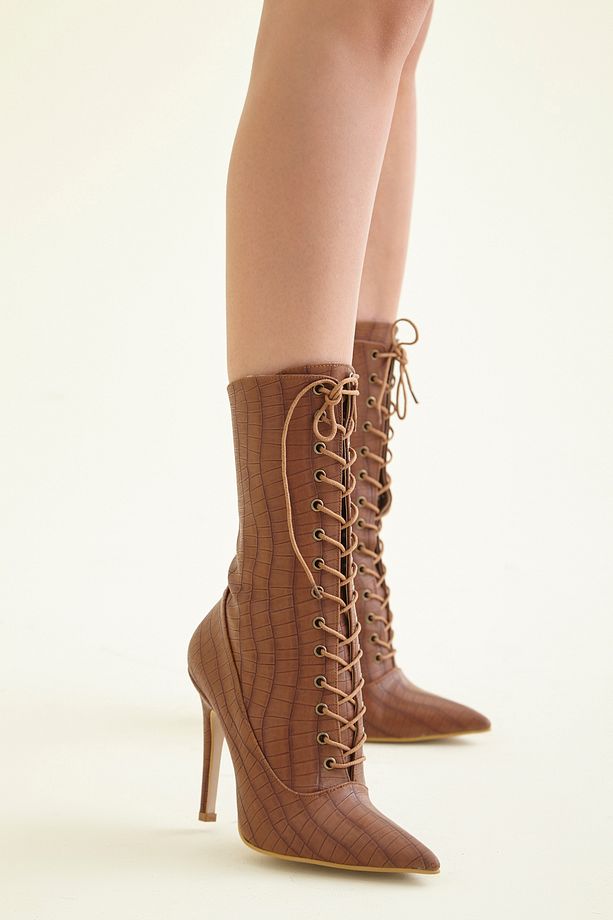Nemesis Bağcıklı Taba Kroko 10 Cm Kadın Bot & Bootie, Topuklu Ayakkabı - 1