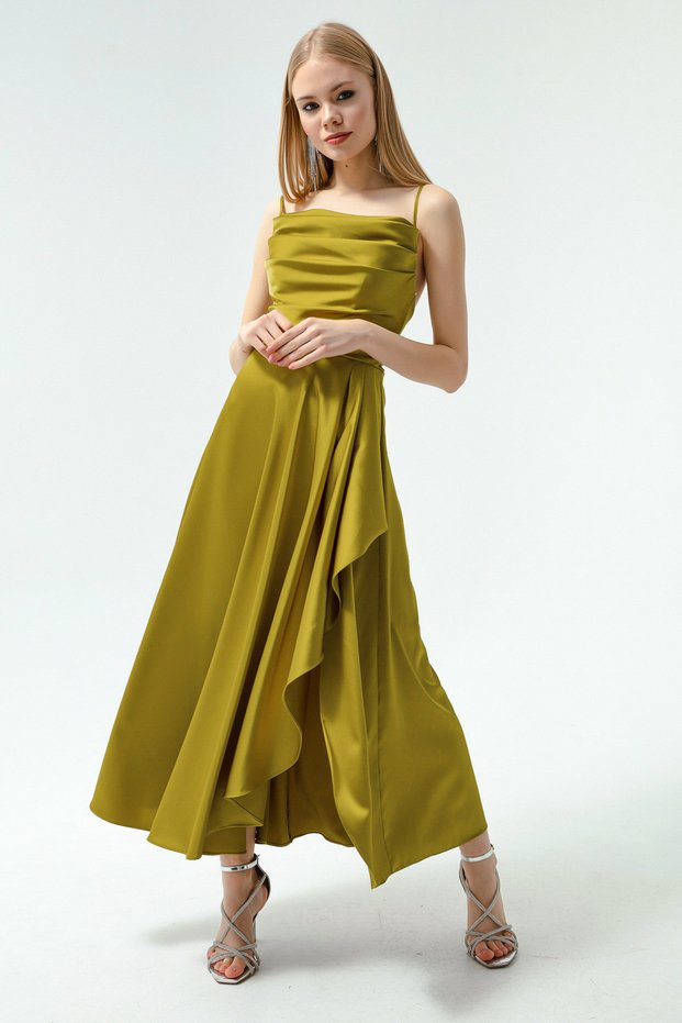 Women's Oil Green Flounce Slit Satin Midi Length Evening & Graduation Dress