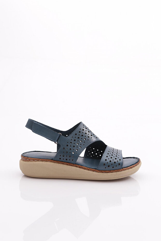 Blue Genuine Leather Denim - Hole Patterned Ankle Strap Sandals 4343243