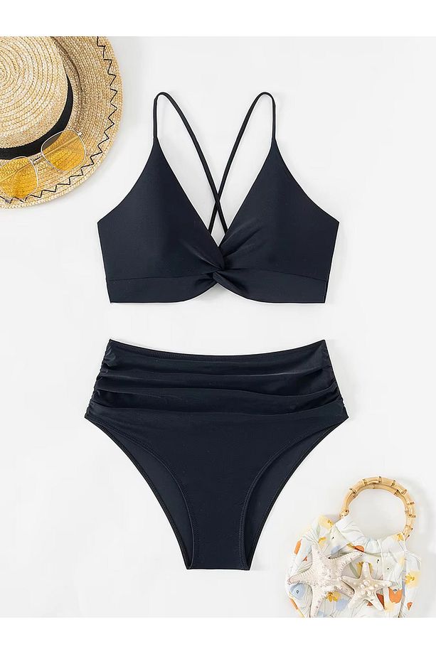 Derin V çapraz yüksek bel Bikini Takımı - 5
