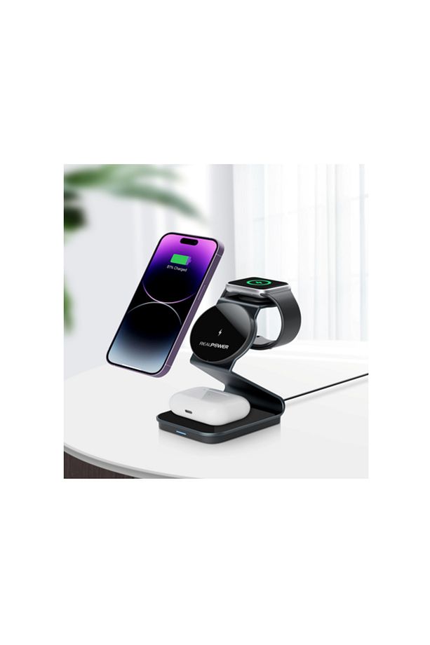 REALPOWER EMXTECH 3ü 1 Arada Magsafe Siyah  Manyetik Kablosuz Şarj Aleti - 1