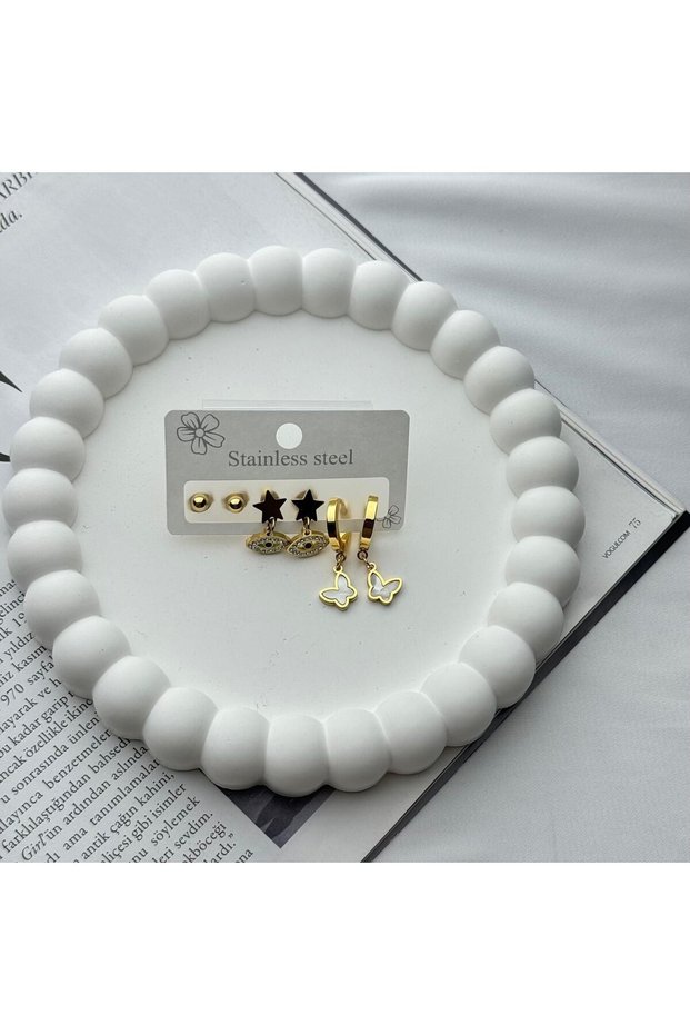 Women's Steel Earrings 6-Piece Mother of Pearl Butterfly Love Eye Ball Non-Tarnish Earrings