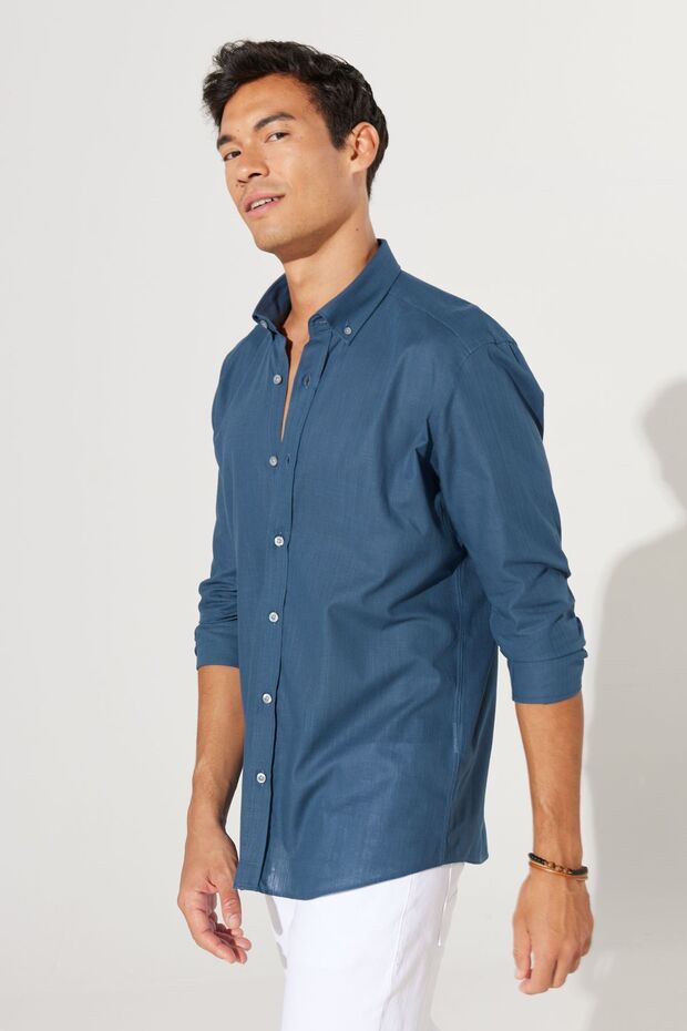 Erkek Koyu Petrol Keten Görünümlü %100 Pamuk Nefes Alabilen Kumaş Slim Fit Düğmeli Yaka Gömlek - 2