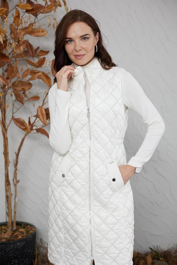 Cepli İnce Kapitone Yelek - Beyaz - 2