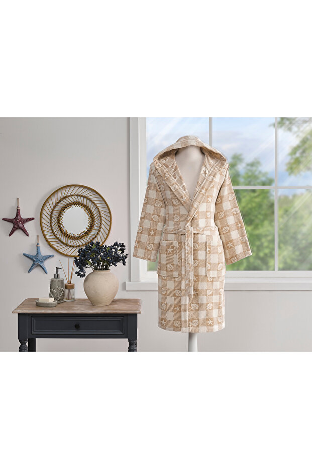 Shell Plaid Kadife Kapüşonlu Bornoz - 3