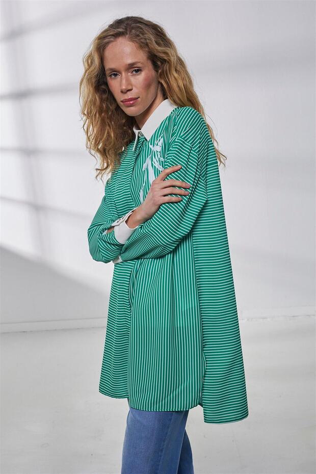 Çizgi Desenli Krep Tunik - Yeşil - 3