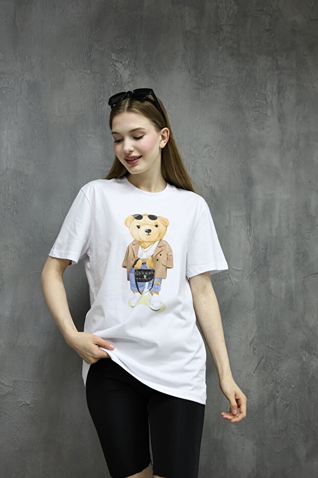 Kadın Teddy Bear Baskı Oversize Basic Beyaz Tişört - 7