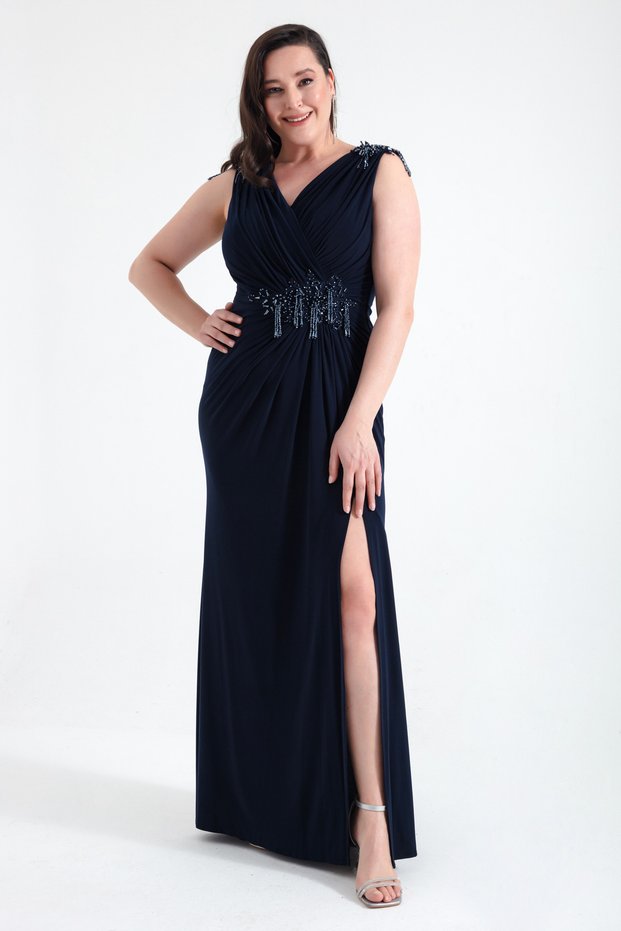 Women's Navy Blue V-Neck Long Evening Dress with Stone Detail on the Shoulders in Large Size
