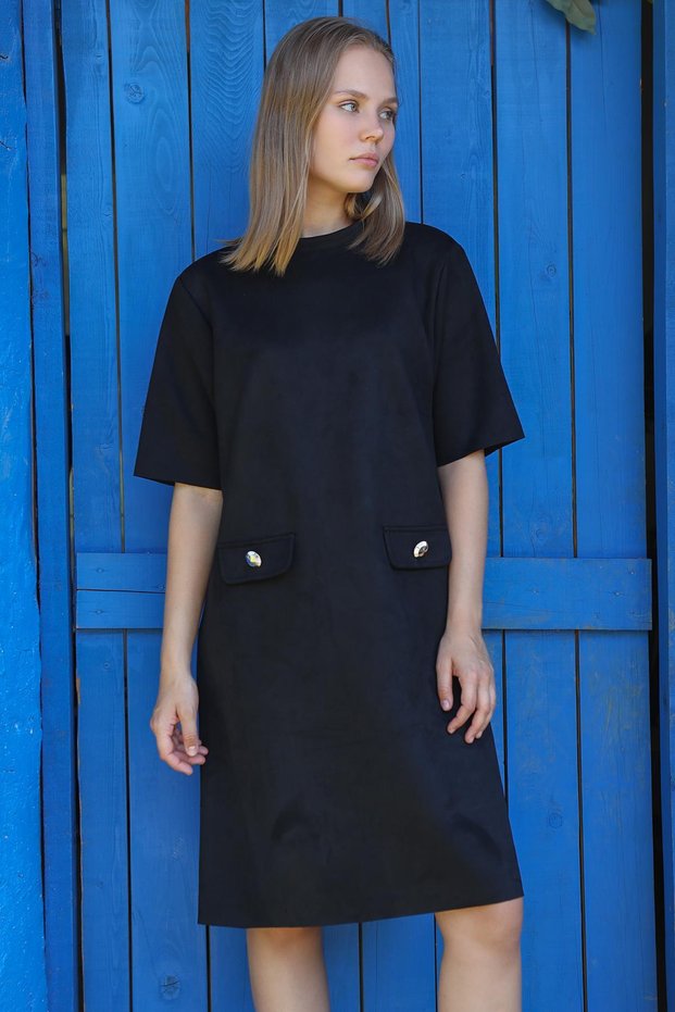 Black Half-Throat Short Sleeve Suede Dress 3013A