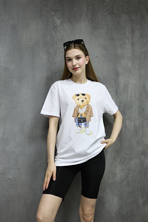 Kadın Teddy Bear Baskı Oversize Basic Beyaz Tişört - 5