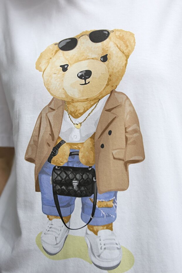 Kadın Teddy Bear Baskı Oversize Basic Beyaz Tişört - 3