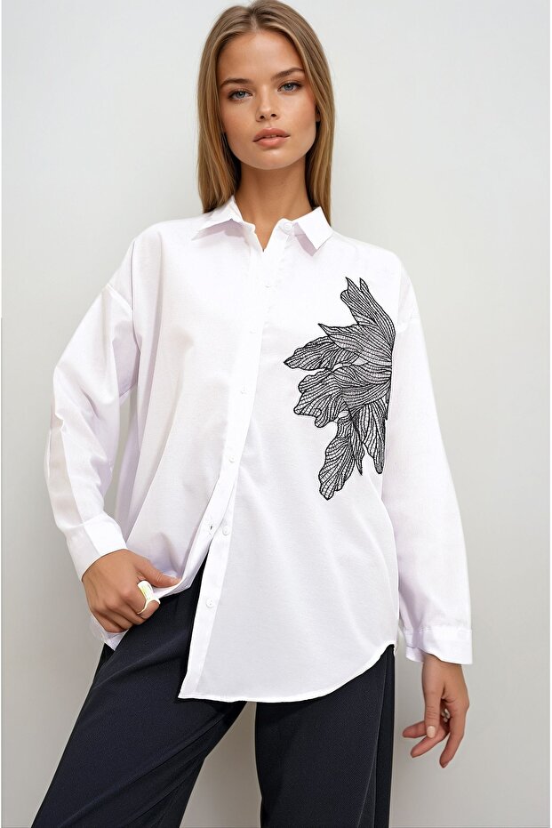Women's White Floral Embroidered Oversize Woven Shirt Prm1201