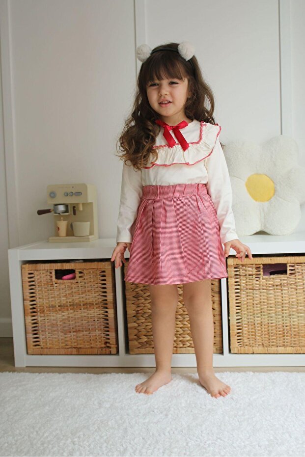 Girl's Ruffled Badi Plaid Skirt Top and Bottom Set