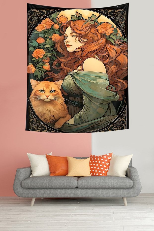Vintage Cat and Girl Stain Resistant Micropetek Fabric Wall Cloth Wall Carpet Tapestry