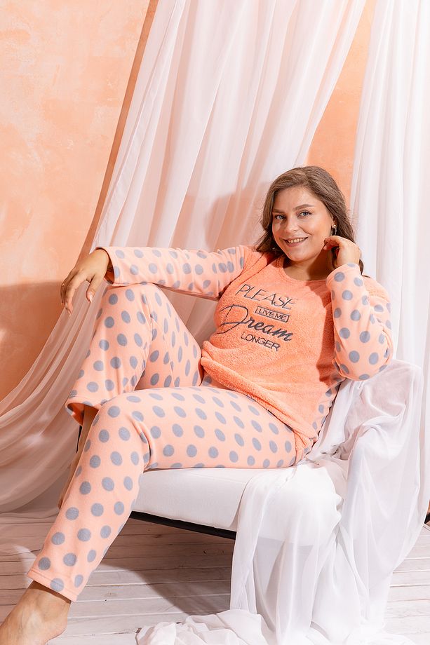 Büyük Beden Peluş Polar Pijama Takımı- Kışlık Büyük Beden Kadın Pijama - 7