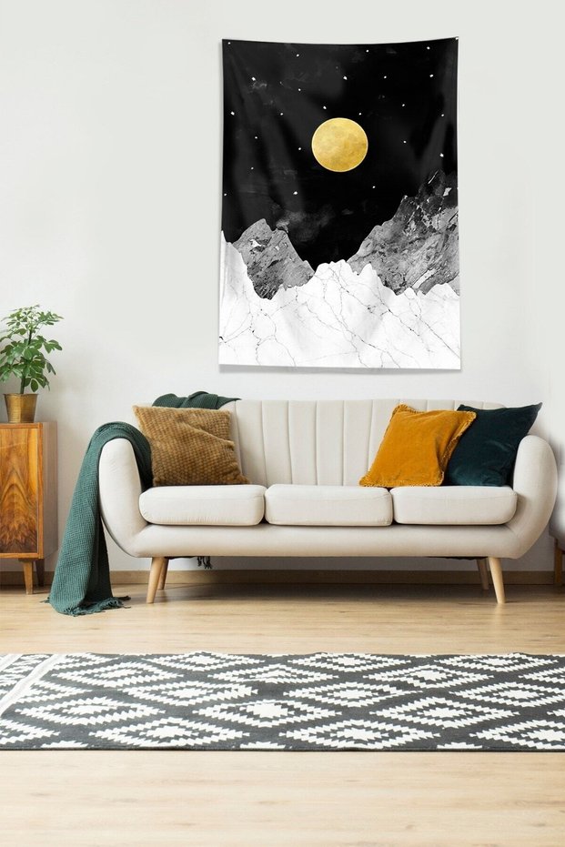 Black Moon Behind the Mountain Stain Resistant Velvet Fabric Wall Cover Wall Tapestry Tapestry