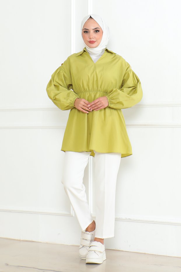 Women's Oil Green Satin Elastic Waist Shoulders Buttoned Flounced Skirt Detailed V-Neck Hijab Shirt