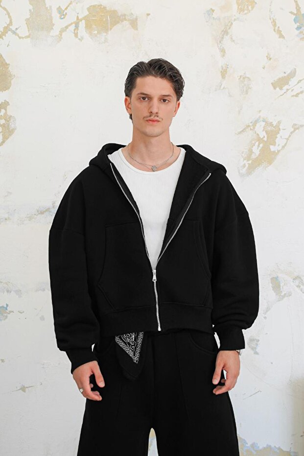 SİYAH Cozy Basic Tam Fermuar Oversize Sweatshirt - 4