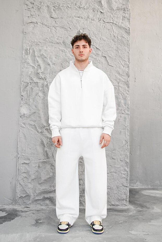 White Cozy Basic Half Zipper Oversize Sweatshirt - 4