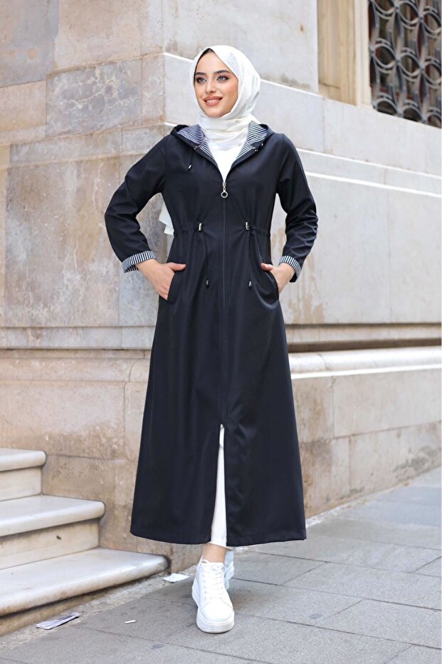 Full Length Long Trench Coat with Ankle and Stripe Inside Hood