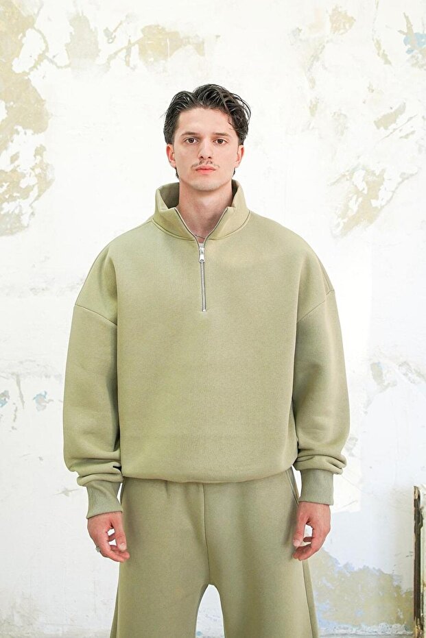 Soft Green Cozy Basic Half Zipper Oversize Sweatshirt