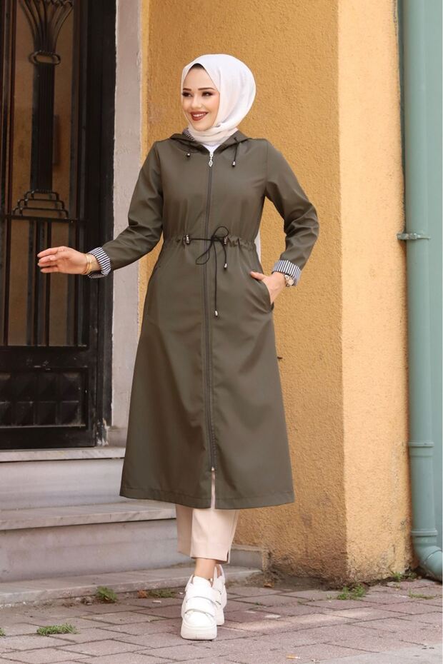 Ankle Striped Hooded Trench Coat