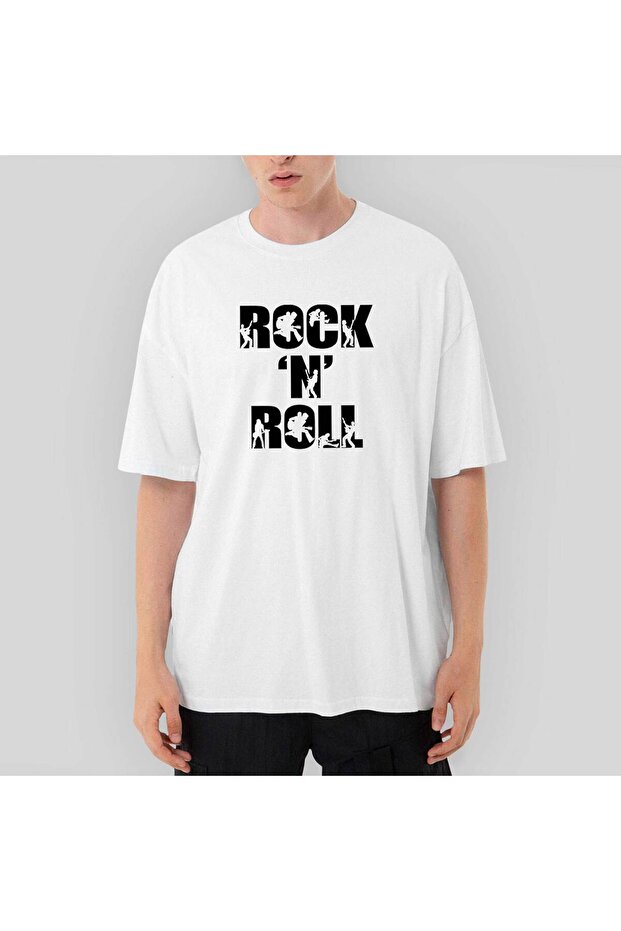 Black Rock 'N' Roll Text Oversize White T-Shirt