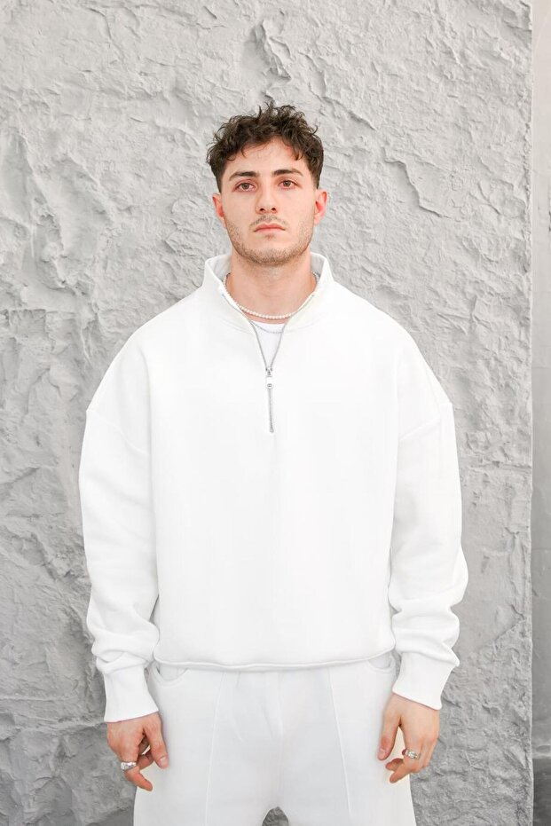 White Cozy Basic Half Zipper Oversize Sweatshirt - 2