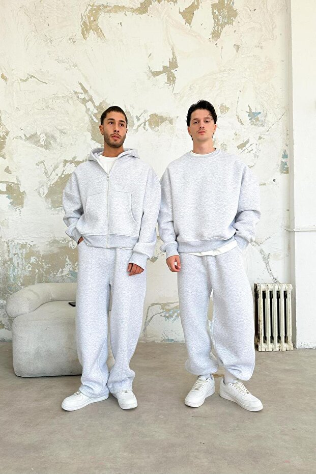 Gri Melanj Cozy Basic Tam Fermuar Oversize Sweatshirt - 6