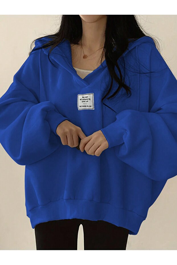 Unisex V-Yaka Kapüşonlu Basic Oversize Swetshirt - 1