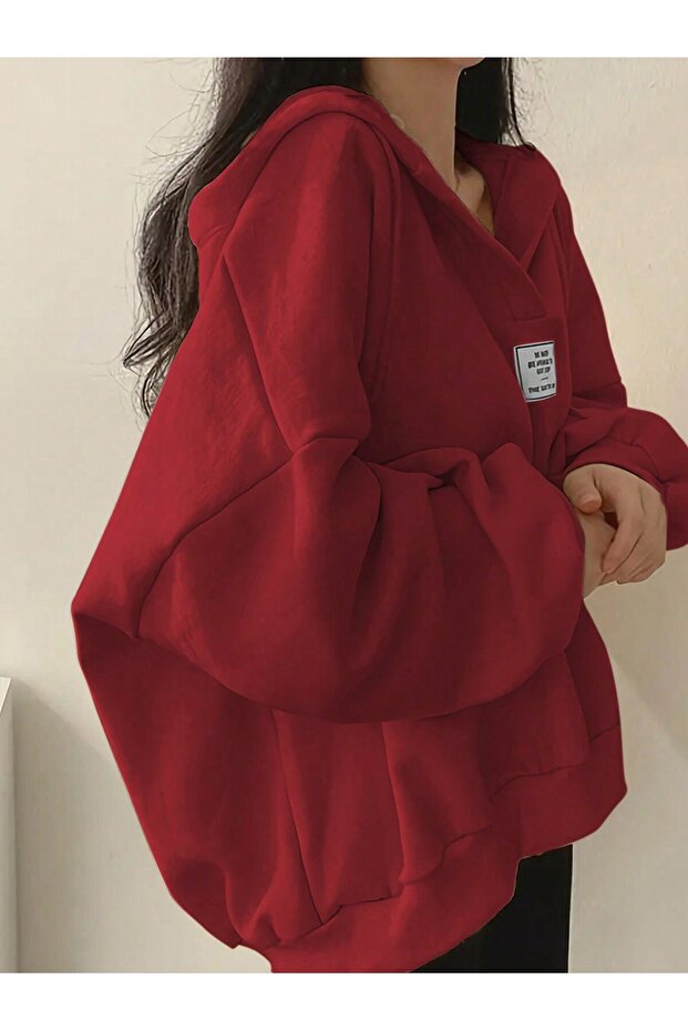 Unisex V-Yaka Kapüşonlu Basic Oversize Swetshirt - 5