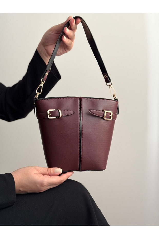 Women's Claret Red Bucket Model Adjustable 2 Straps Hand and Shoulder Bag